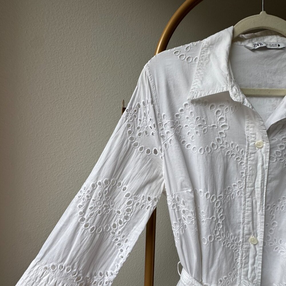 Elegant White Cotton Embroidered Dress with Belt by Zara Coton